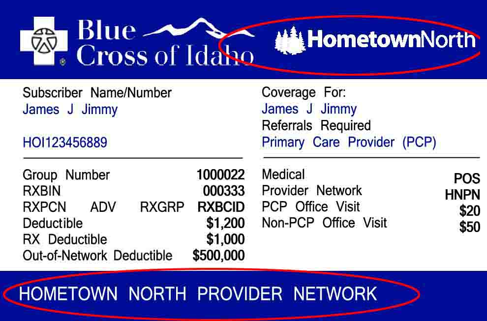 Image of a Blue Cross of Idaho Insurance card, important information about Blue Cross Hometown North